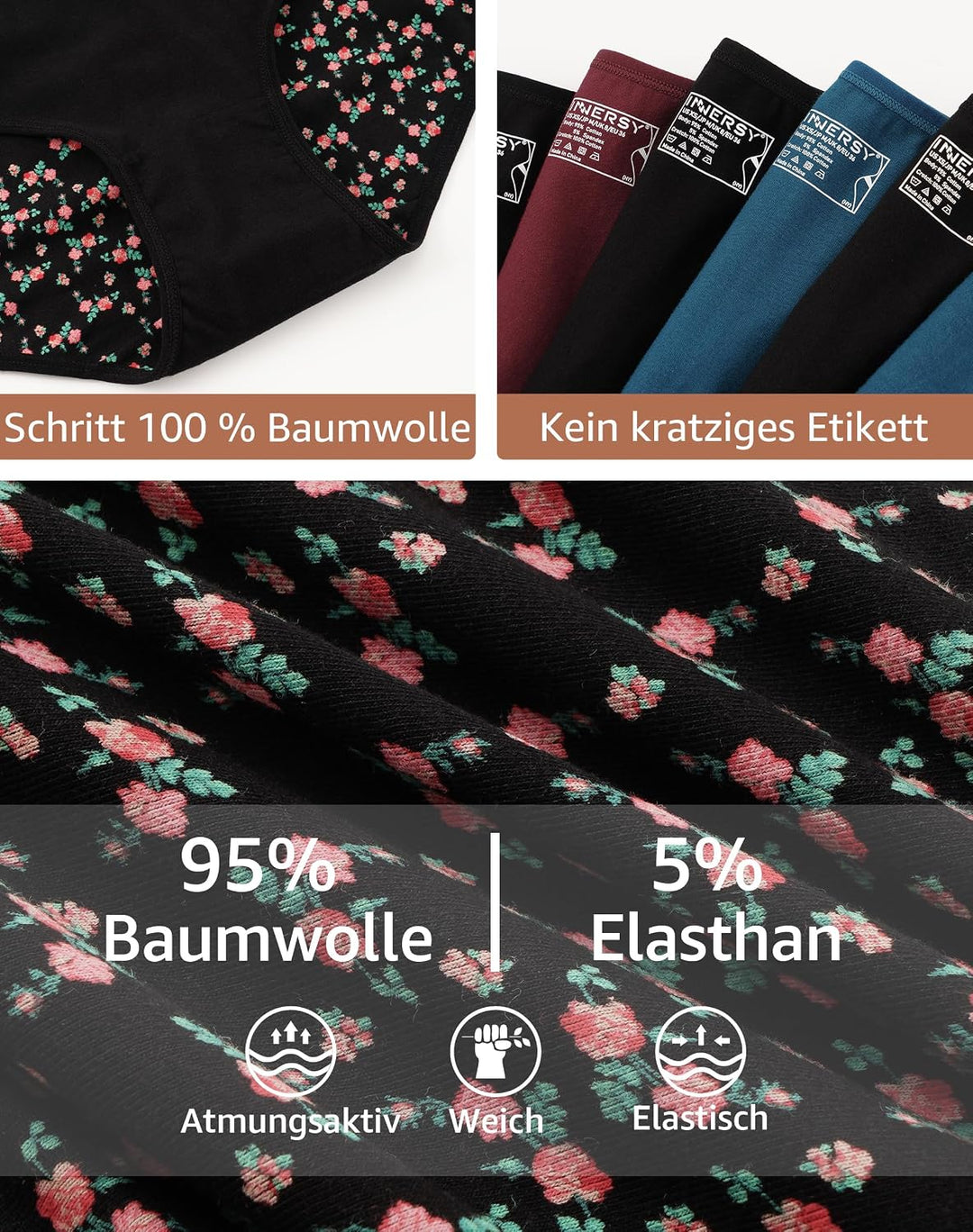 INNERSY Unterhosen Damen Baumwolle Atmungsaktive Hipster Unterwäsche Basic Bequem Panties 6er Pack M