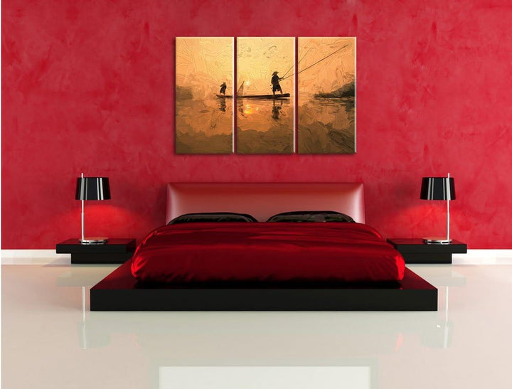Pixxprint Fischer beim Angeln in Thailand / 3-Teilig/Gesamtmass 120cm Leinwandbild bespannt auf Holz