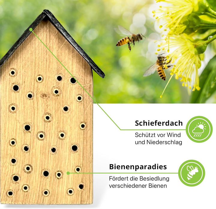 GARTENETAGE Geschenkset Bienenoase – Wildbienenhotel aus Eichenholz mit Schieferdach & Blumenwiese M