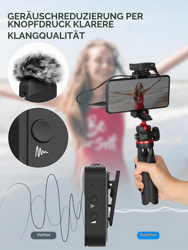 Moman Lavalier Mikrofon Wireless, C1X Ansteckmikrofon Kabellos System bis zu 50m für DSLR Kamera Cam