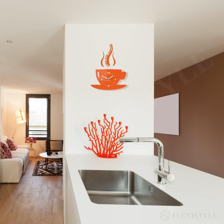 FLEXISTYLE Tasse Time for Coffee Moderne Küche (Zeit für Kaffee) Wanduhr, orange, 3D römisch, wanduh