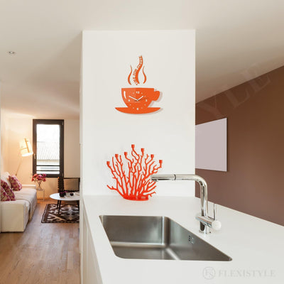 FLEXISTYLE Tasse Time for Coffee Moderne Küche (Zeit für Kaffee) Wanduhr, orange, 3D römisch, wanduh