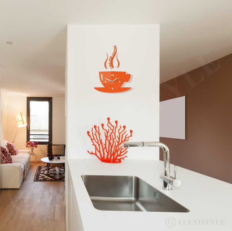 FLEXISTYLE Tasse Time for Coffee Moderne Küche (Zeit für Kaffee) Wanduhr, orange, 3D römisch, wanduh