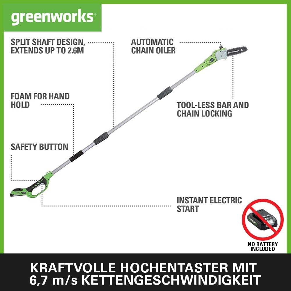 Greenworks G24PS20 Akku Hochentaster,20 cm Schenkellänge, 6,7 m/s Kettengeschwindigkeit, 3,2 kg, aut