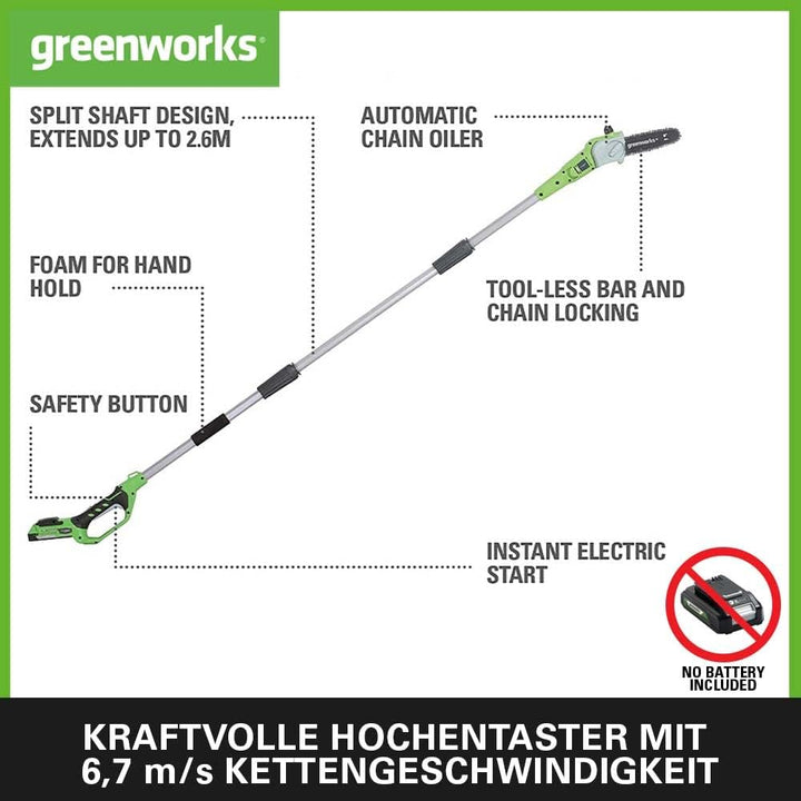 Greenworks G24PS20 Akku Hochentaster,20 cm Schenkellänge, 6,7 m/s Kettengeschwindigkeit, 3,2 kg, aut