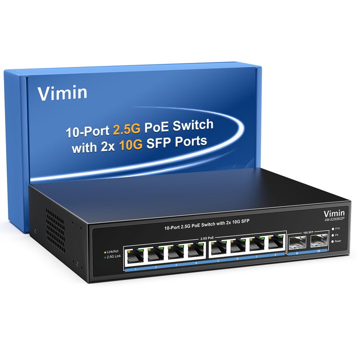 10-Port 2,5G PoE Switch Unmanaged, VIMIN 8X 2,5G Base-T PoE @130W+2X 10Gbps SFP, 8 Port PoE Switch m