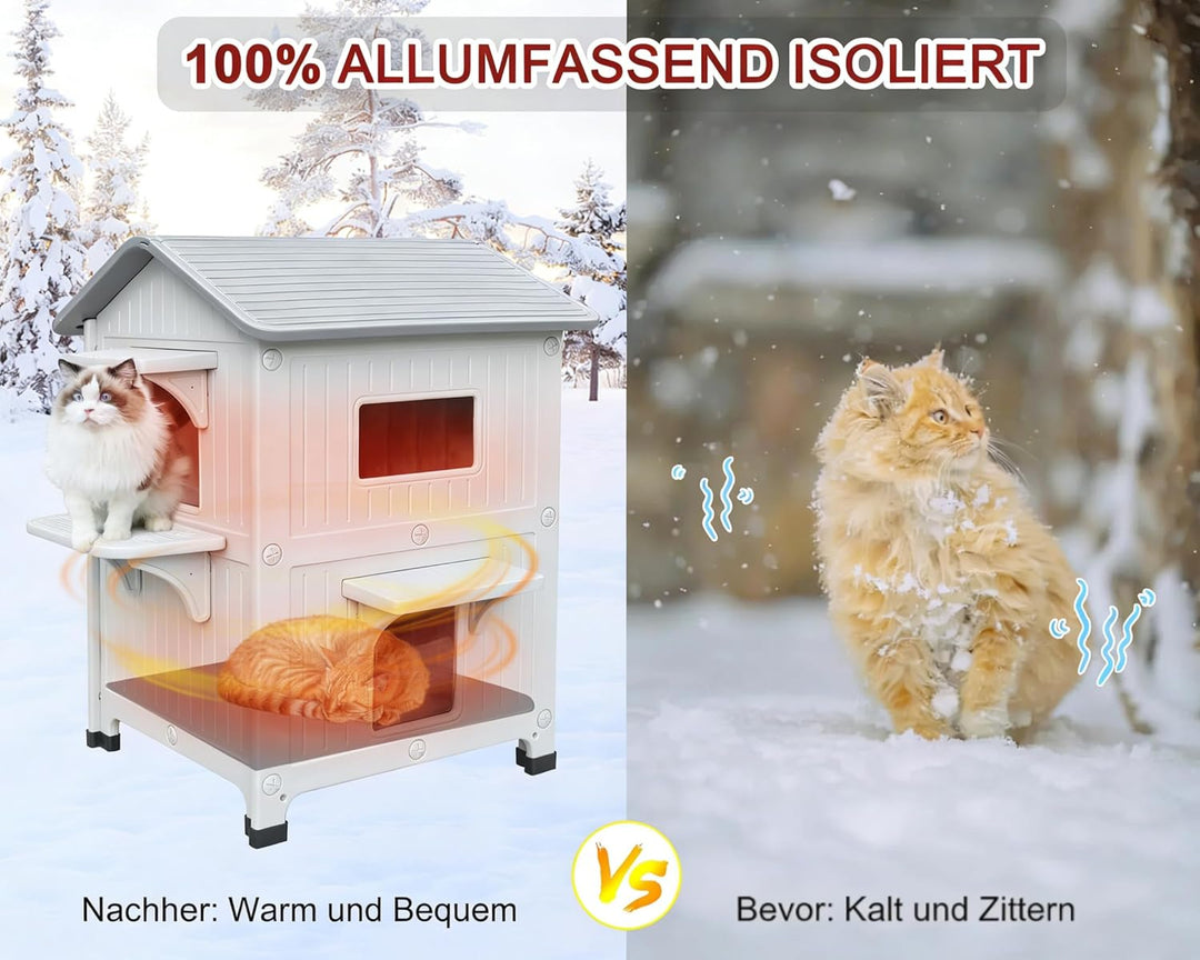 Katzenhaus Outdoor, Zweistöckiges Wetterfestes Katzenunterschlupf aus HDPE-Kunststoff mit Fluchttür,