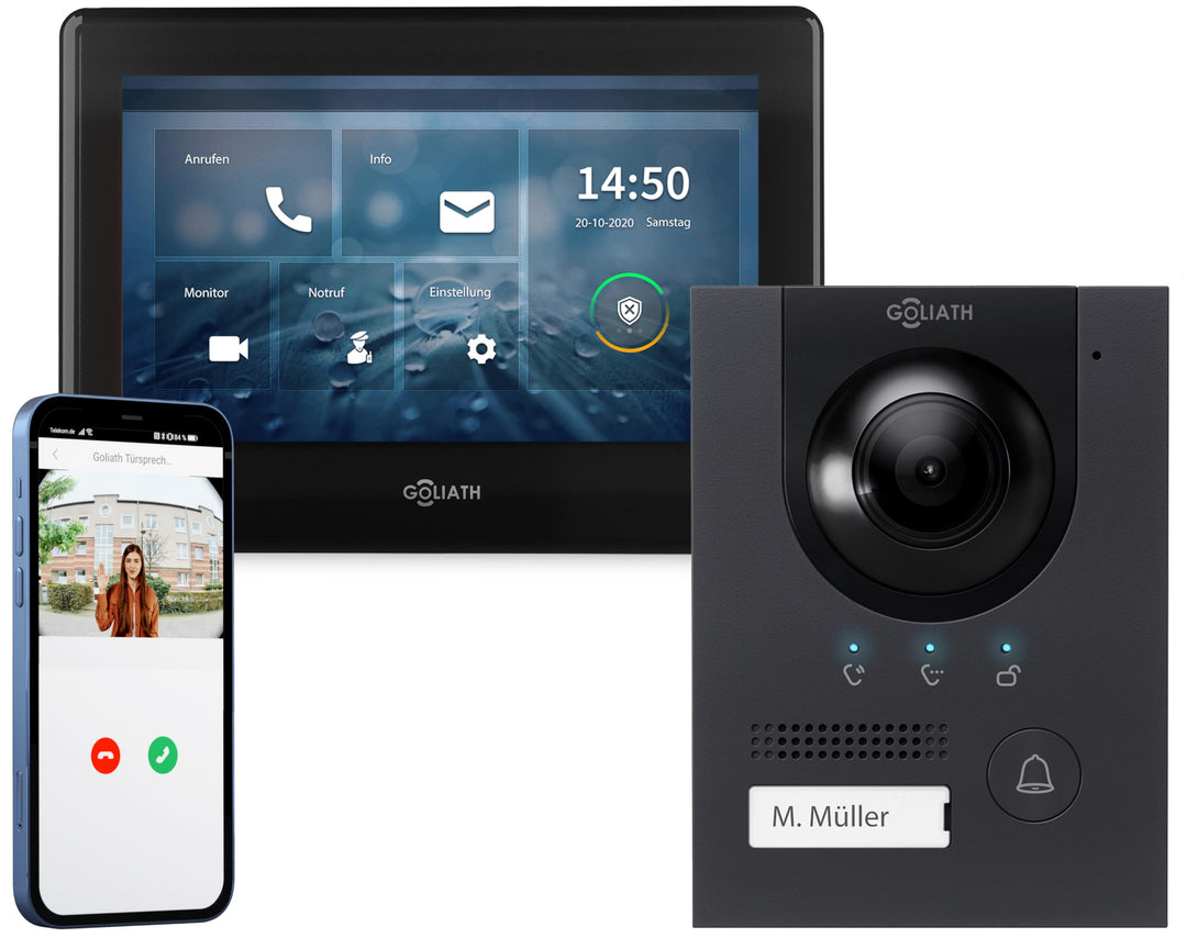 GOLIATH Full-HD Video Türsprechanlage, Aufputz Türstation in Anthrazit, 1 Familienhaus Set, Touchscr