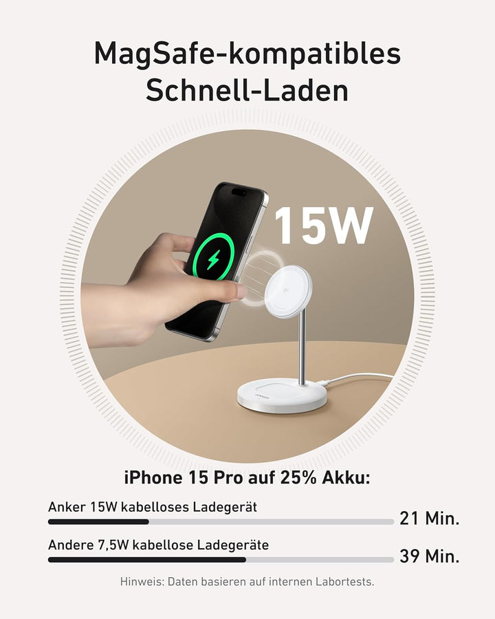Anker MagGo 15W Magsafe Ladegerät kompatibel, 2-in-1 Induktive Ladestation, Qi2 Wireless Charger für