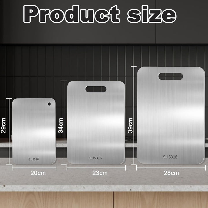 Titan Schneidebrett Set 3 Stück - S316 Edelstahl Schneidebrett, Titanium Cutting Board, Doppelseitig