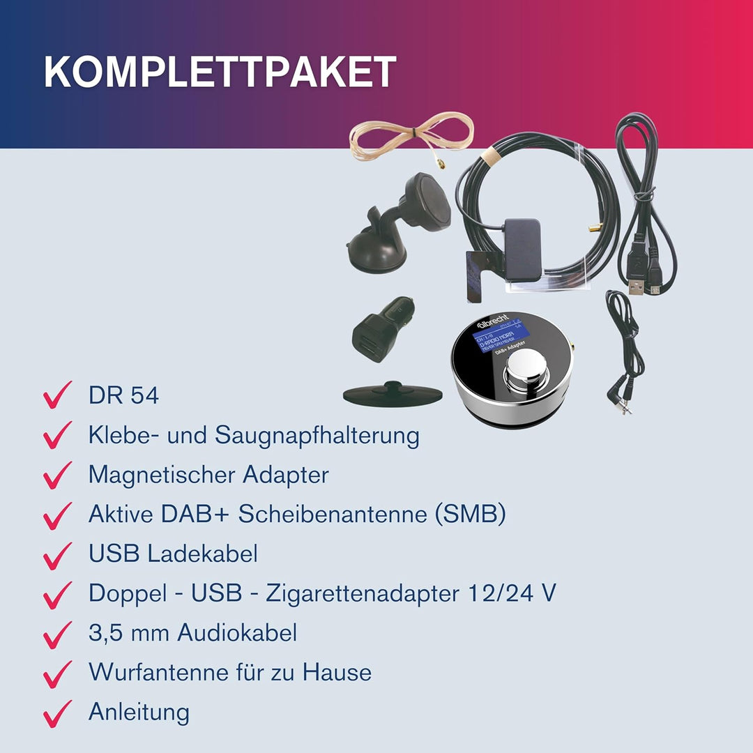 Albrecht DR 54 DAB+ Digitalradio Adapter - Kabellose Übertragung, FM Transmitter, Aux-Out, Autoradio