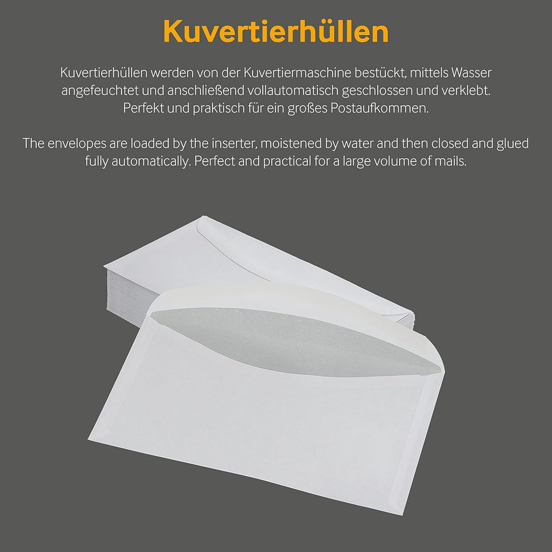 1000 Stück, Kuvertierhüllen, DIN C6/5, Nassklebung, Geschwungene Klappe, 75 g/qm Offset, Mit Fenster