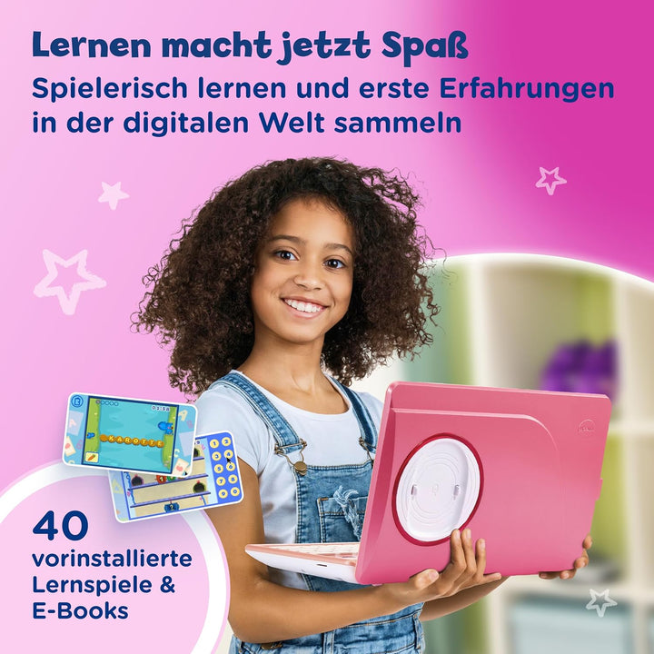 Vtech Genio Lernlaptop pink – Lerncomputer mit Internetzugang, Textprogramm und Lerninhalten zu Buch