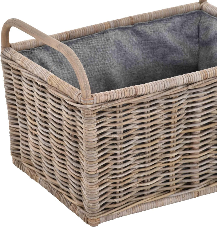 Holz Tragekorb mit Griffen Holzkorb mit Inlett Aufbewahrung Rattan Korb mit Henkel (Gross, Grau Natu