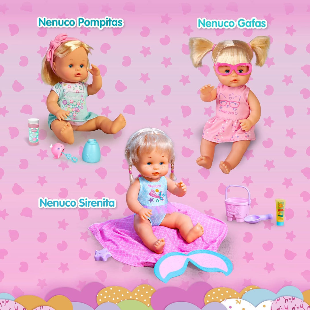 Nenuco - Spazieren gehen, Babypuppe 35 cm mit weichem Körper, Zubehör und Babytrage, um sie überall