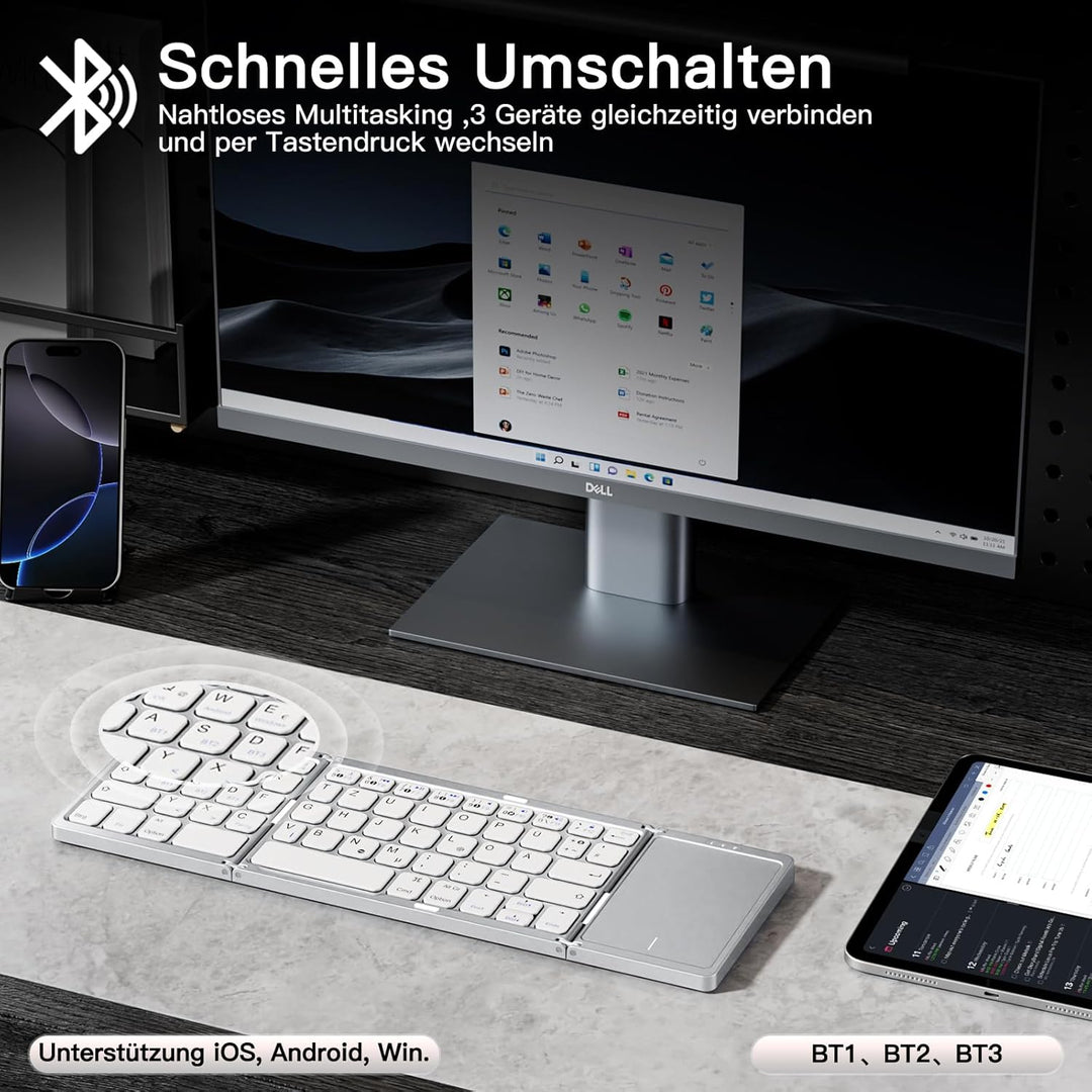 Vobafe Bluetooth Faltbare Tastatur mit Touchpad Kabellose Klappbare, Tragbare Mini Tastatur mit 3 Bl