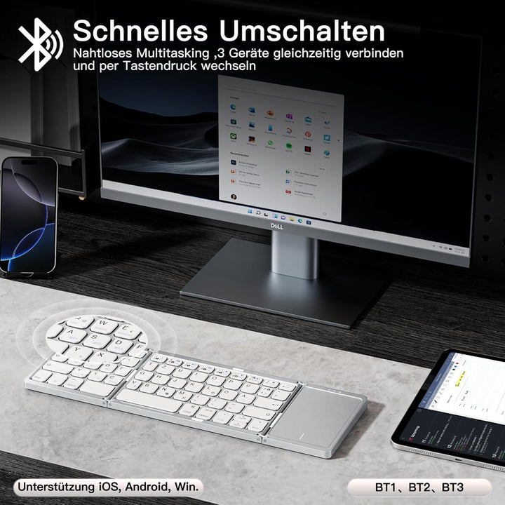 Vobafe Bluetooth Faltbare Tastatur mit Touchpad Kabellose Klappbare, Tragbare Mini Tastatur mit 3 Bl