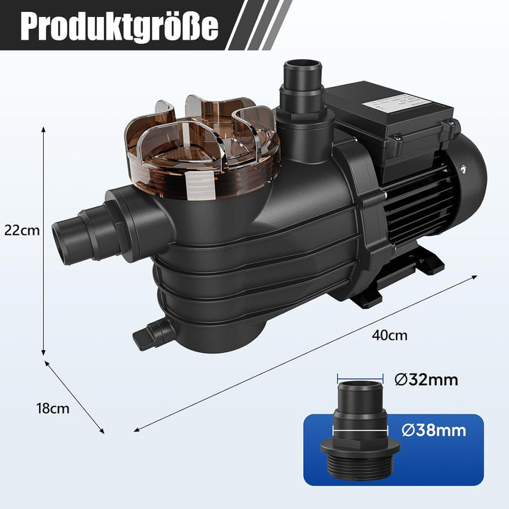 LEADZM Poolpumpe 13000 l/h, energieeffiziente Filterpumpe (550 W) für Pools bis 37.000 l, Förderhöhe