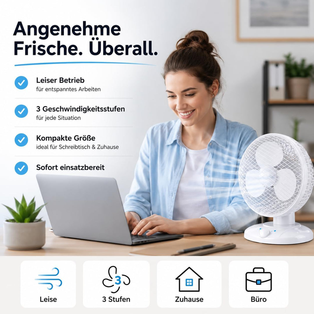 Everhomely Tragbarer Tischventilator 30 cm mit Schwenkfunktion – leiser Ventilator mit 3 Geschwindig