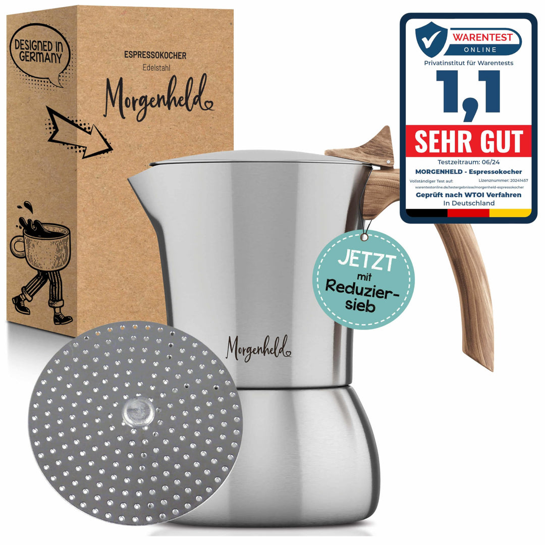 FLOW Premium Edelstahl Espressokocher mit Reduziersieb für 3 bis 6 Tassen 300ml - Espressomaker indu