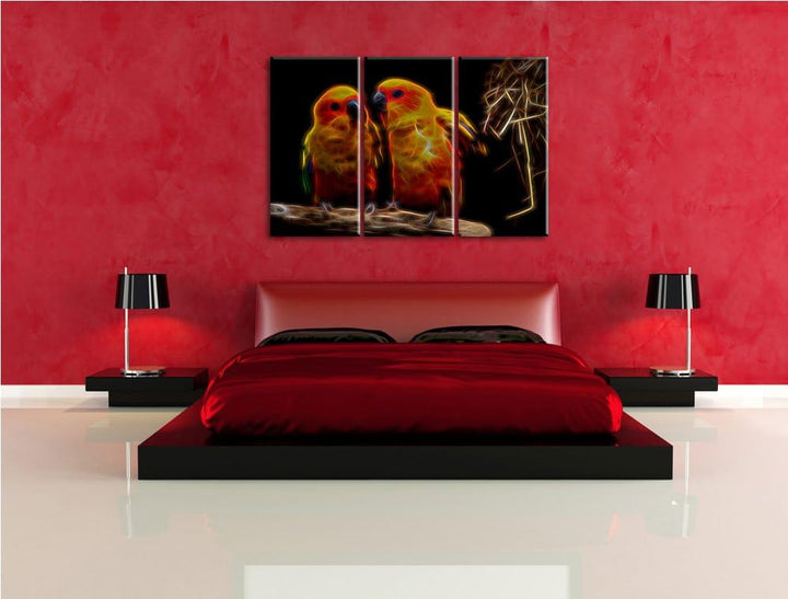 Dark zwei farbenfrohe Sonnensittiche NewArt 3-Teiler Leinwandbild 120x80 Bild auf Leinwand, XXL ries