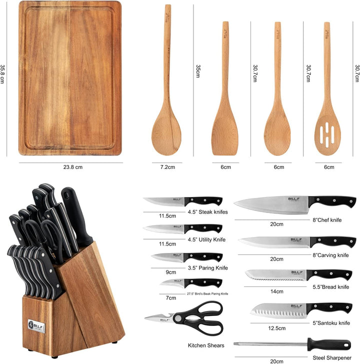 Bill.F Messer Set, Holz Küche Set für Küche mit Block Edelstahl Messer 16 Pcs, 4pcs Holz Kochutensil