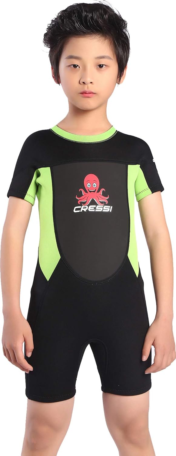 Cessi Smoby Shorty Wetsuit - Unisex Shorty Neoprenanzug 2 mm für Kinder Schwarz/Grüner Fluo 1/2 Jahr