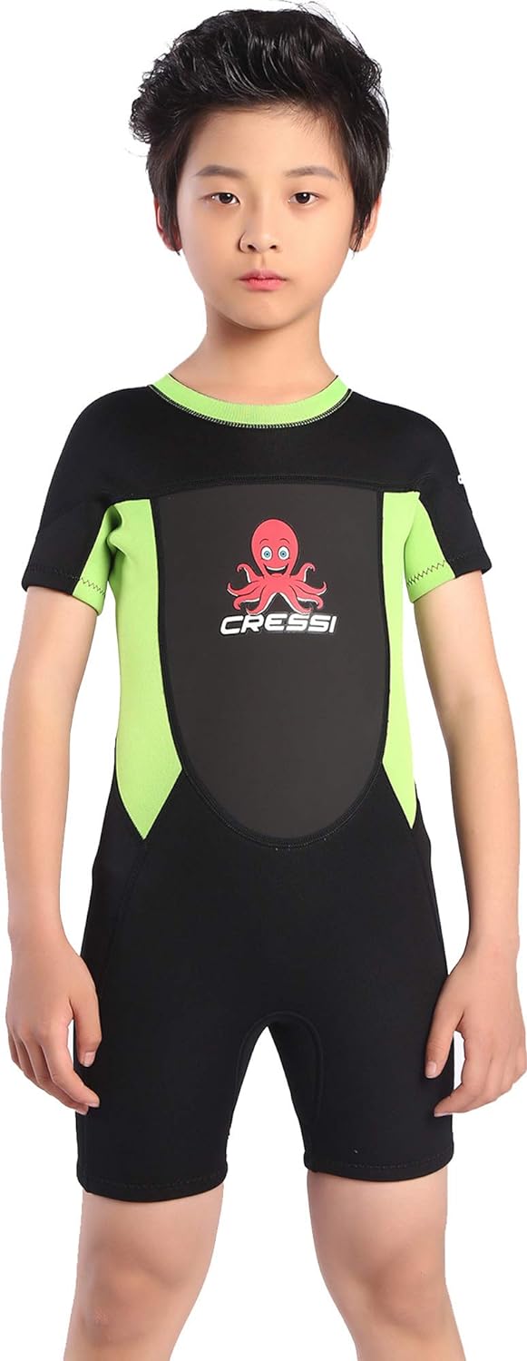 Cessi Smoby Shorty Wetsuit - Unisex Shorty Neoprenanzug 2 mm für Kinder Schwarz/Grüner Fluo 2/3 Jahr