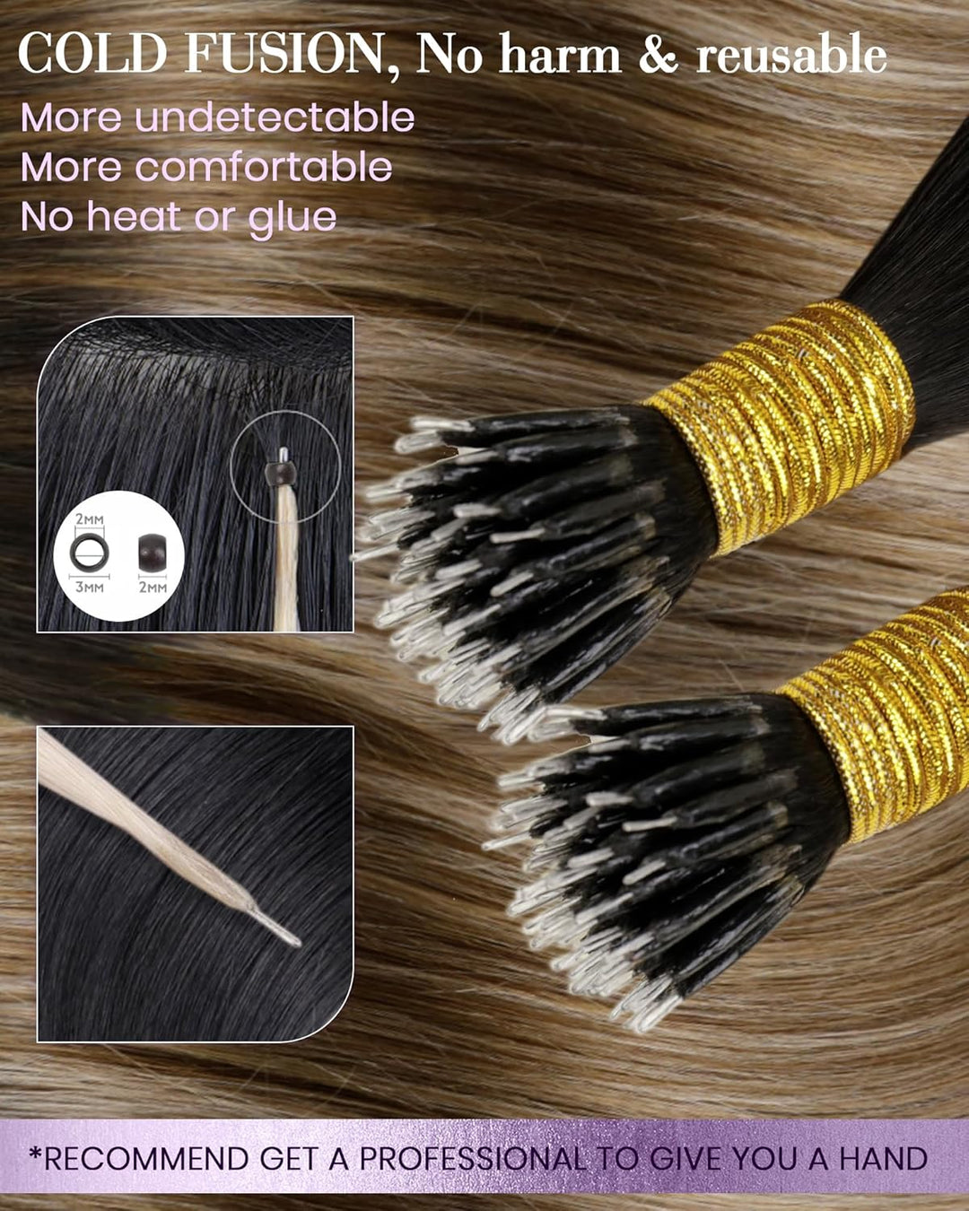 LaaVoo Balayage Echthaar Nanoring Extensions Dunkelstes Braun mit Mittel Braun und Aschblond 35 cm C