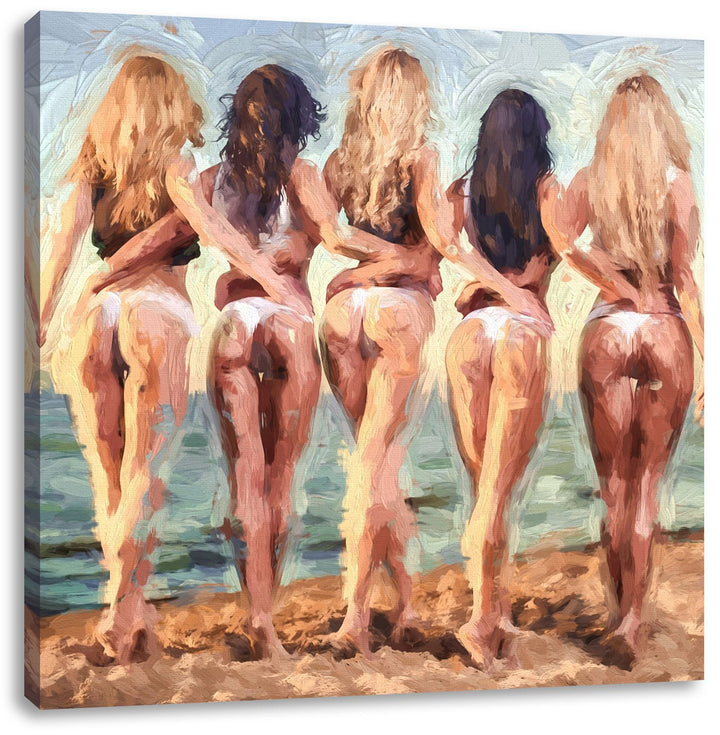 Pixxprint Fünf sexy Frauen am Strand Pinsel Effekt, Format: 70x70 auf Leinwand, 70x70
