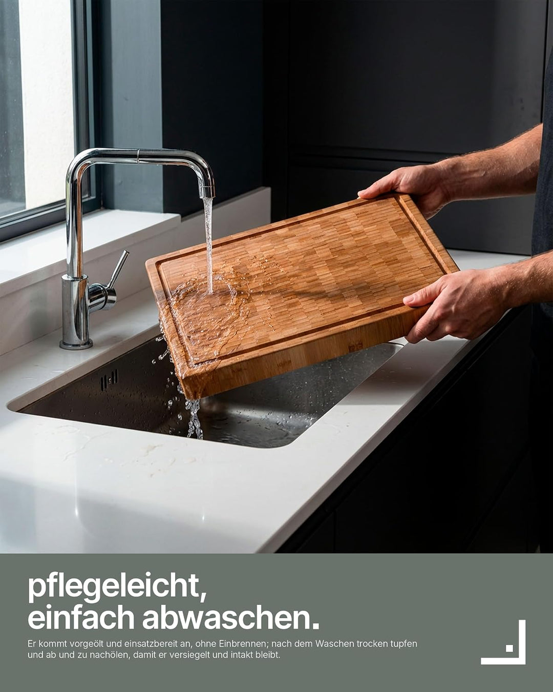 LARHN Stirnholz Hackblock Bambus massiv - 40x30x4 cm - Schneidebrett Holz | Griff, Saftrille, messer