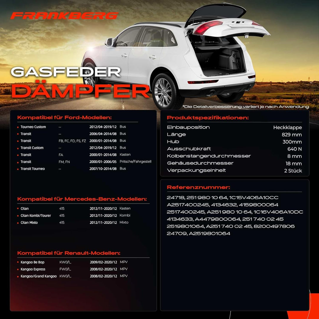 Frankberg 2x Gasfeder Dämpfer Heckklappe Kompatibel mit Tourneo Bus 2012-2019 Transit Bus Kasten Pri