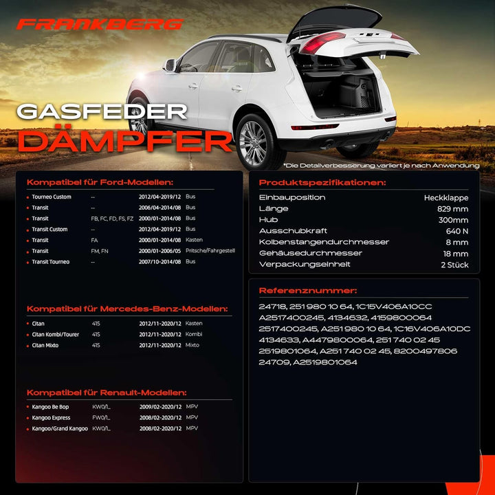 Frankberg 2x Gasfeder Dämpfer Heckklappe Kompatibel mit Tourneo Bus 2012-2019 Transit Bus Kasten Pri