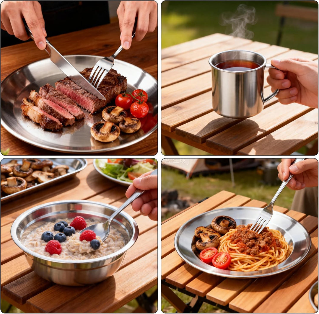 Campingbesteck Set 1 Person, Camping Geschirr Set Edelstahl mit Schalen Teller Tassen Gabeln Löffel
