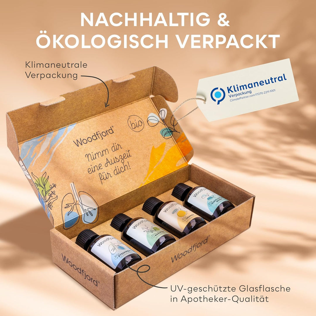 WOODFJORD Saunaaufguss Set BIO Harmonie I 4 verschiedene Saunadüfte und -Öle, je 100 ml I Premium Sa