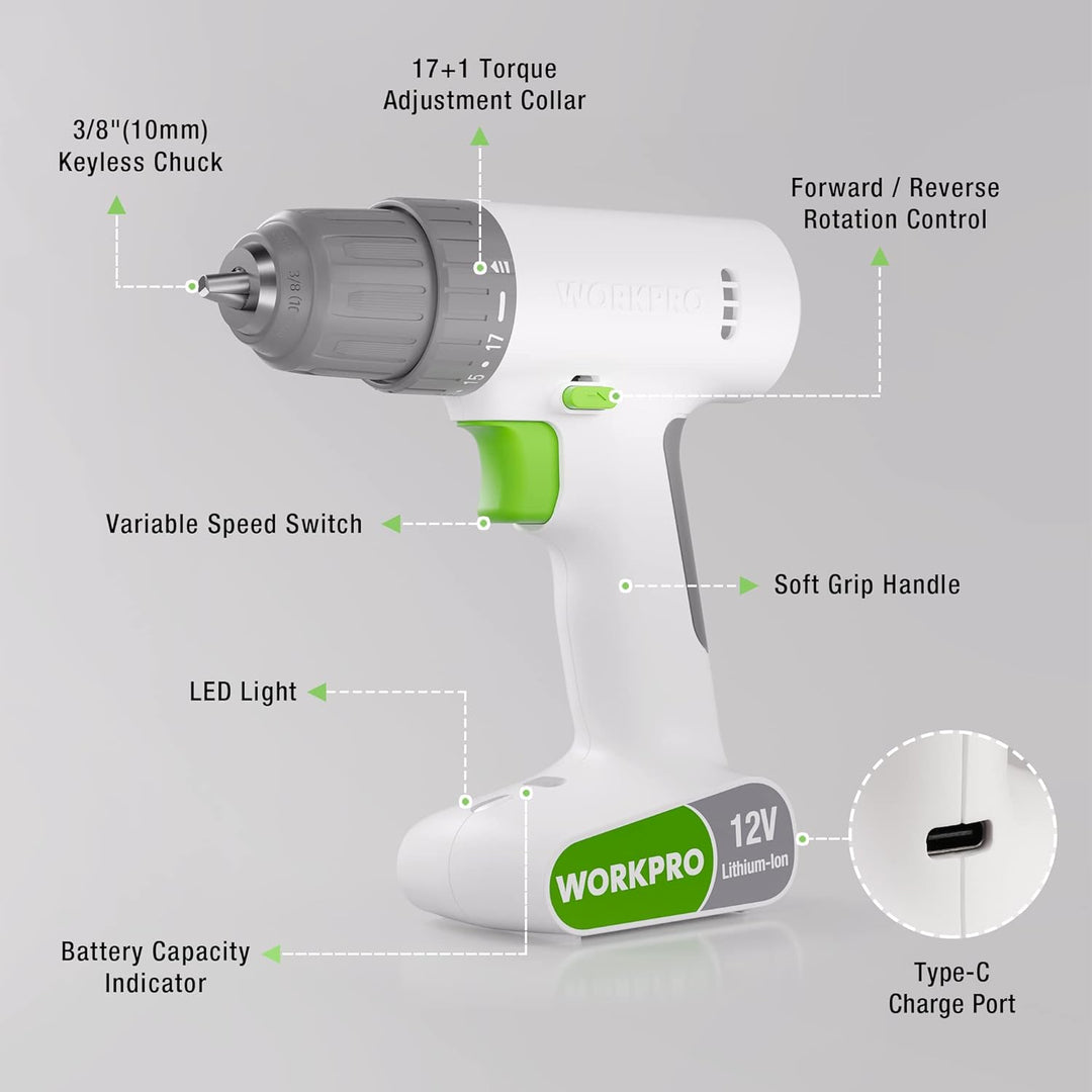 WORKPRO Akkuschrauber 12V, Akku Bohrschrauber 19NM Drehmoment, 3/8" Bohrfutter, 17+1 Drehmomenteinst