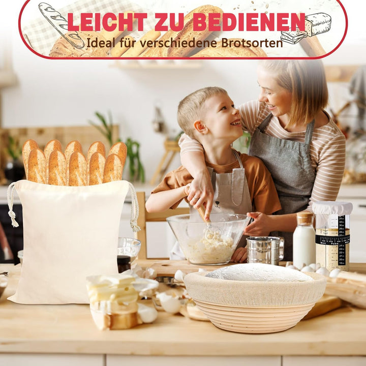 Sauerteig Starter Set, Gärkorb Brot Set mit 2 Gärkörbchen (23cm Runde & 25cm Ovale), Rattan, 1000ml