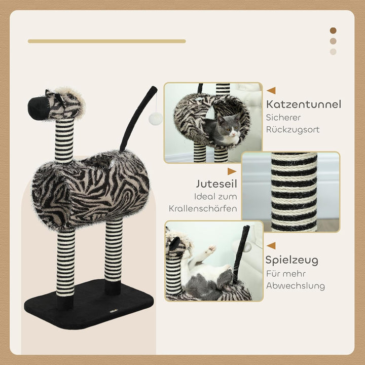 PawHut Kratzbaum 93 cm Katzenturm im Zebra-Design mit Katzentunnel, Plüschball, Jutepfosten, mehrstö