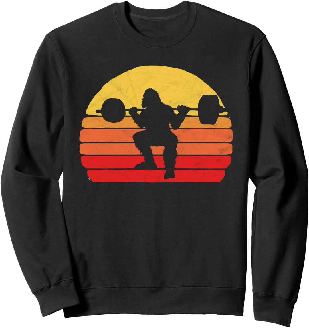 Sasquatch Squats! Bigfoot Doing Squats Funny Distressed 80s Sweatshirt