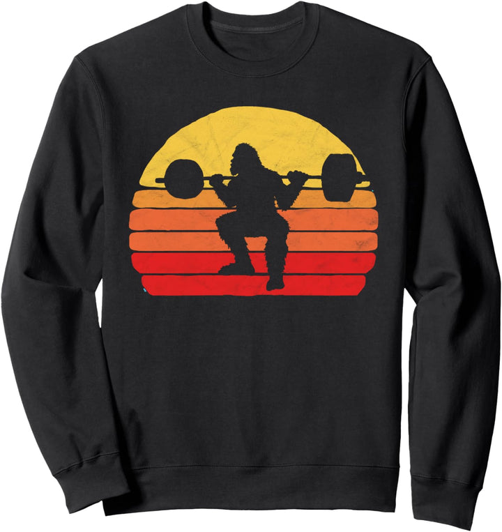 Sasquatch Squats! Bigfoot Doing Squats Funny Distressed 80s Sweatshirt