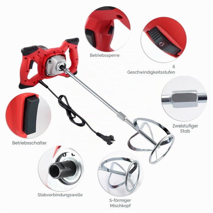 BriSunshine Mörtelrührer Rührgerät (2100W, 0-800r/min Drehzahl, 6 einstellbaren Geschwindigkeiten, A