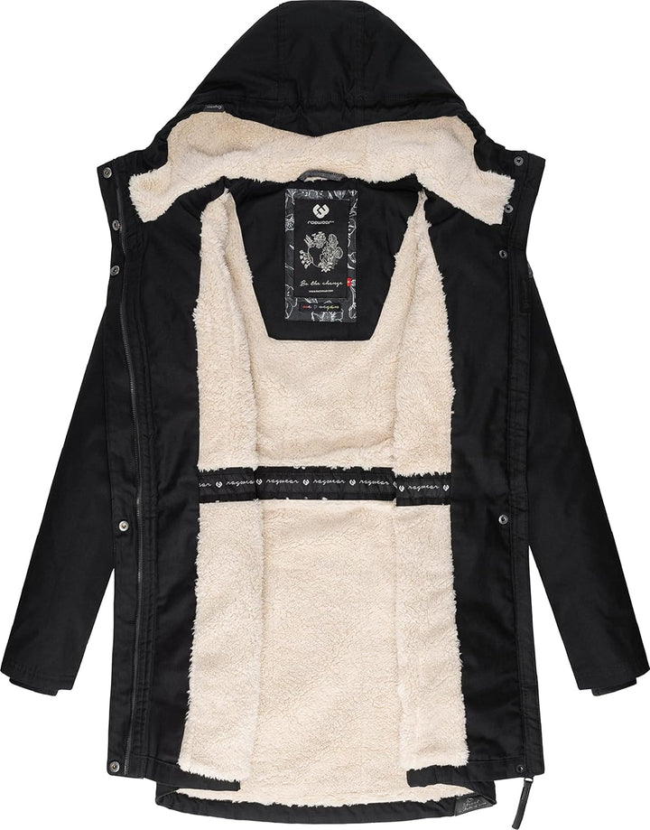 Ragwear Damen Mantel Lange warme Winterjacke mit Teddyfell-Kapuze Elsie Intl XS-5XL S Black22, S Bla