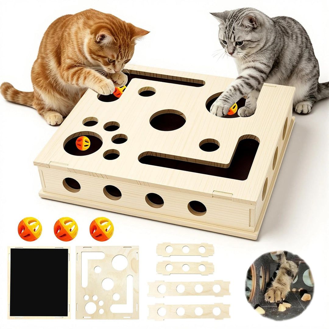 2-in-1 Kratzbrett mit Sandpapier, Katzenspielzeug mit Klingelballs, Interaktive Nagelfeilen-Box zur