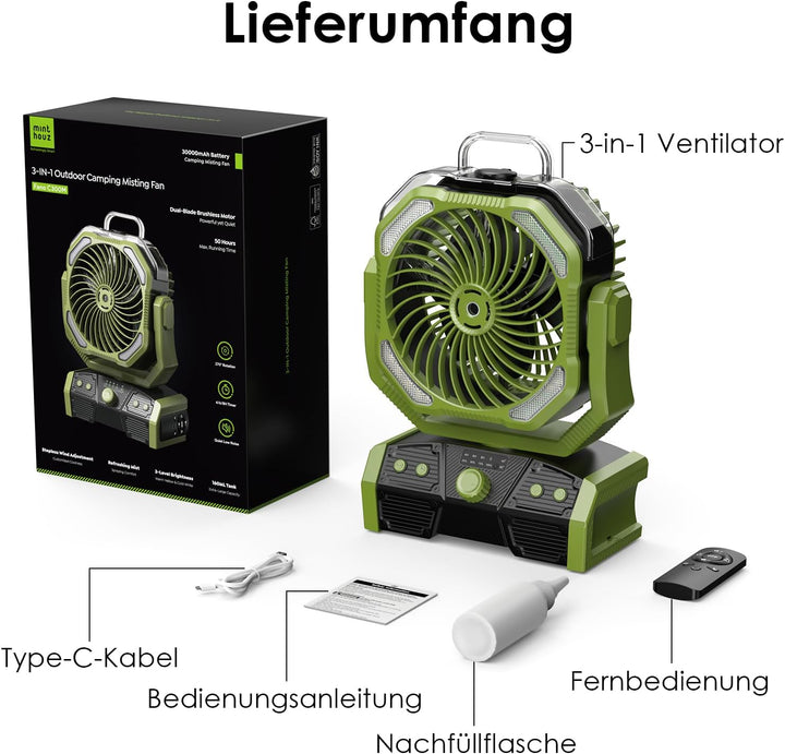 Minthouz 30000mAh Akku Camping Ventilator mit Sprühnebel & LED Licht, USB Akku Ventilator, 50h Laufz