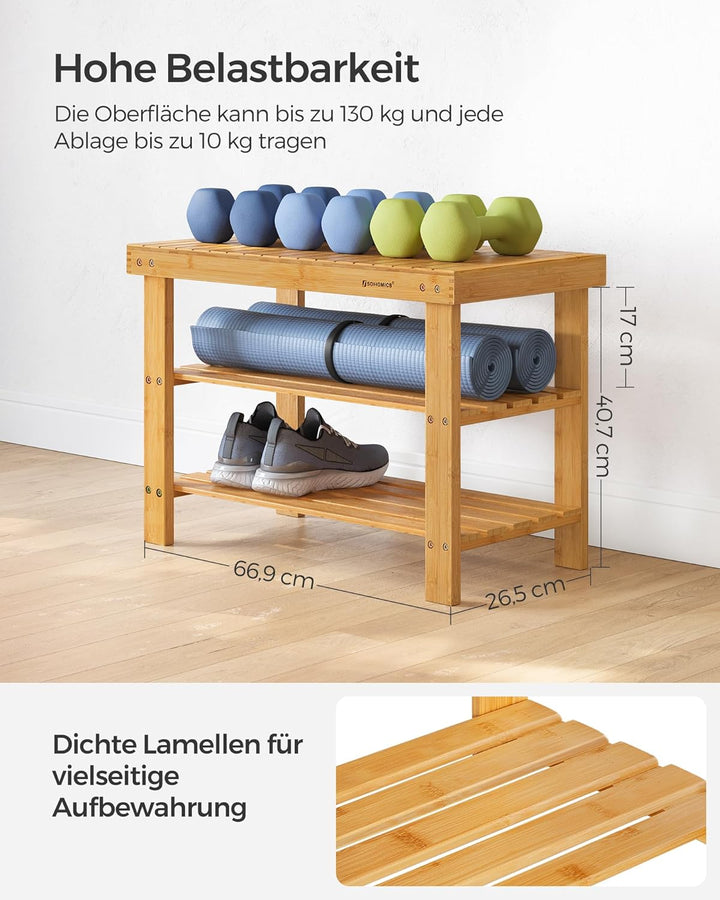 SONGMICS Schuhregal, Schuhschrank mit Sitzbank, Bambus Schuhbank mit 3 Ablagen, 70 x 28 x 45 cm idea