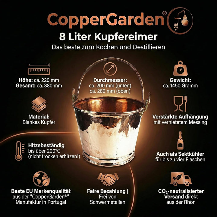 CopperGarden 8 Liter Kupfereimer | Stilvoller Eimer aus reinem Kupfer | Antibakteriell = wirkt gegen