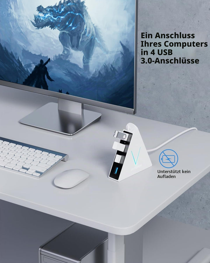 4-Port USB 3.0 Hub, FlyingVHUB USB Hub Tower mit 60 cm verlängertem Kabel, RGB-Beleuchtung (mit Scha