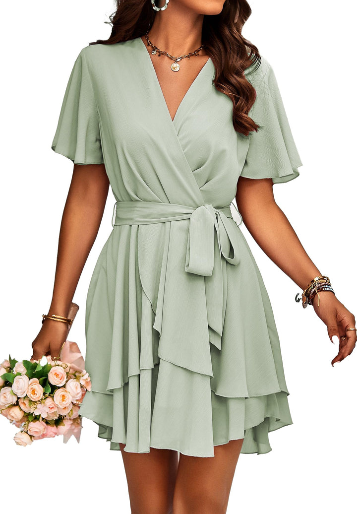 Damen Chiffon Kurz Kleid V-Ausschnitt Kurzarm Sommerkleid Tunika Kleider Einfarbig Elegant Rüschen M