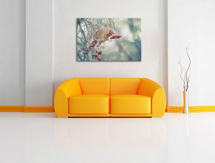 Pixxprint Kleiner Vogel im Vogelbeerbaum Bunstift Effekt, Format: 100x70 auf Leinwand, XXL riesige B