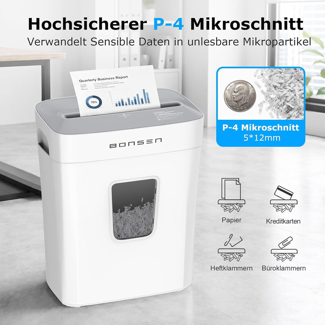 BONSEN Aktenvernichter P-4 6Blatt Mikroschnitt Schredder mit 16L Abfallkorb | Papierschredder für Pa